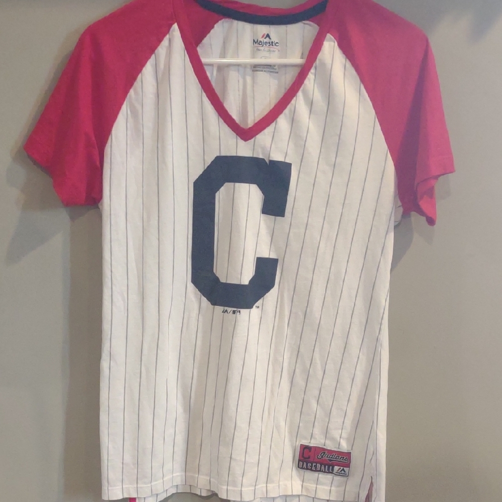 Majestic womens Large Cleveland Indians V-neck White, Red‎ And Blue Tee Shirt